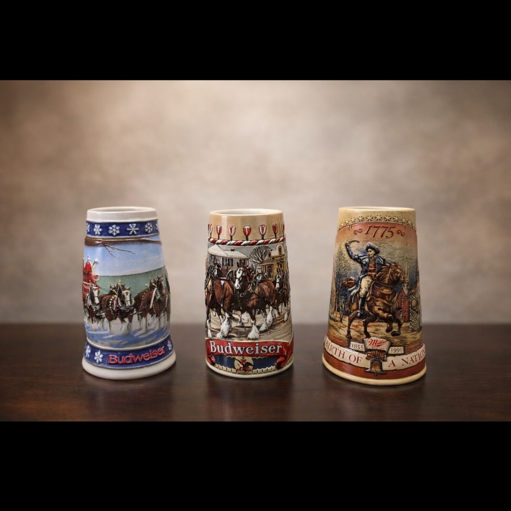 Lot of 3 Vintage Budweiser Beer Steins Collectible Holiday Patriotic Ceramic
